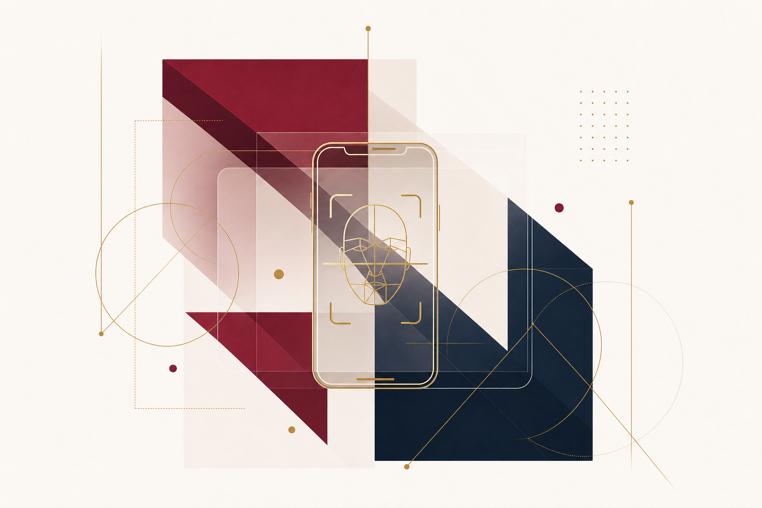Abstract illustration of a phone with a facial scan grid representing the step-by-step identity verification process