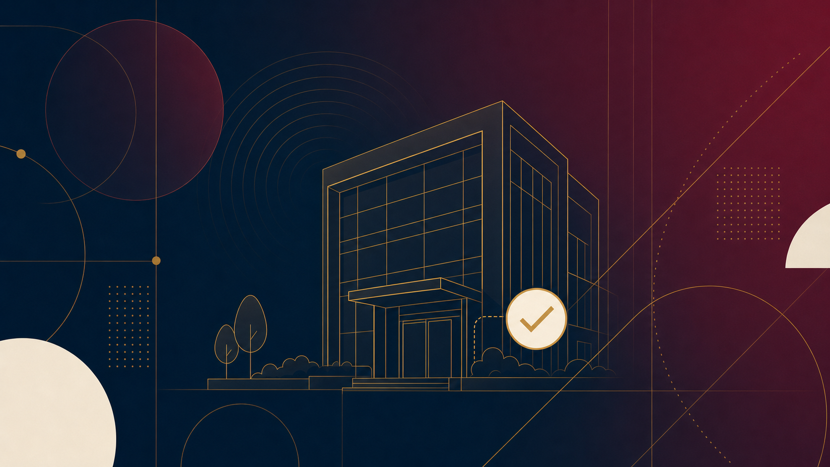 Abstract illustration of a new company building with a checkmark, representing identity verification during company incorporation