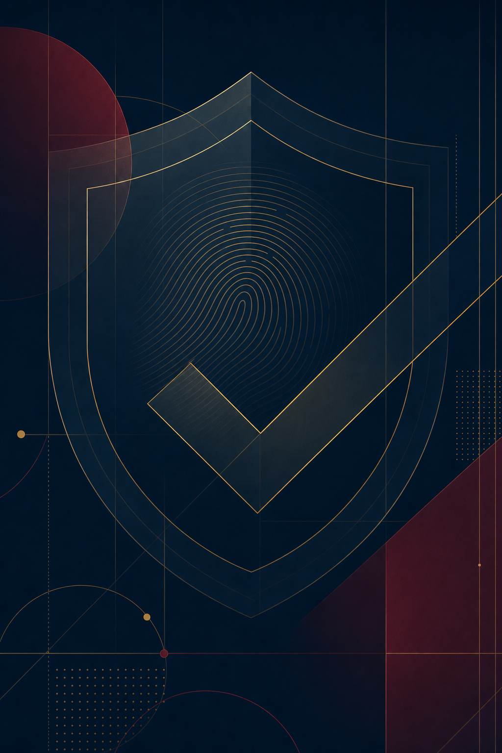 Abstract geometric illustration combining a shield, fingerprint pattern and checkmark, representing secure identity verification