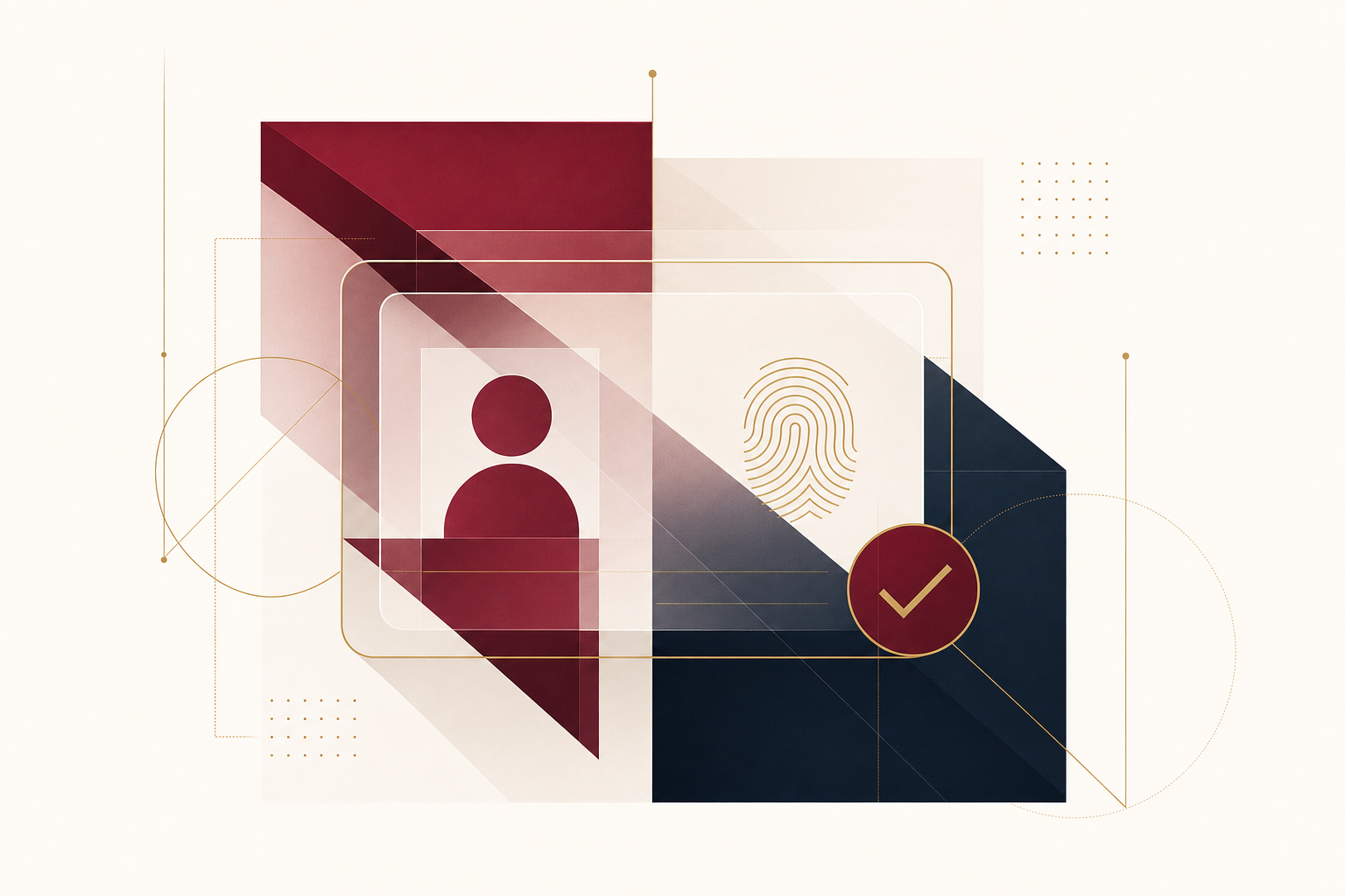 Abstract geometric illustration of an ID card with a fingerprint pattern and verification checkmark badge